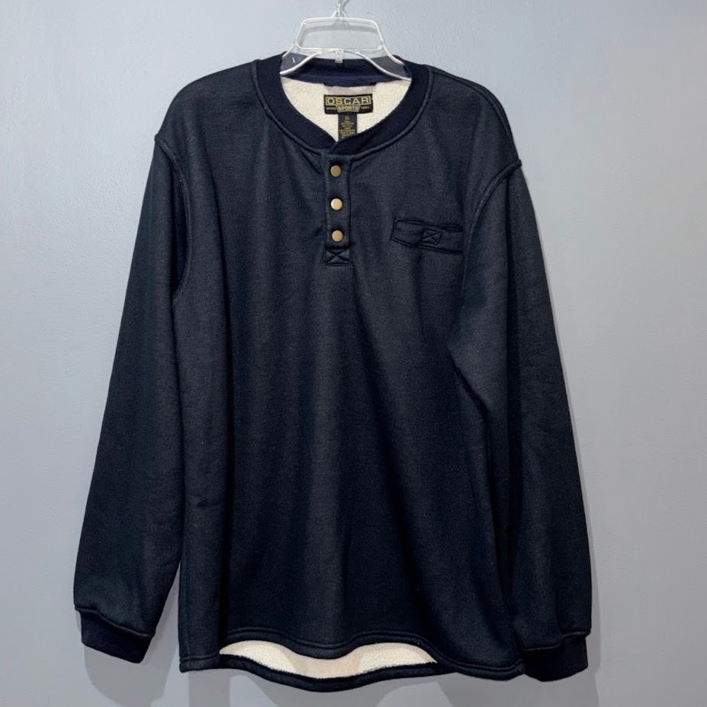 Oscar Sports Mens Henley Sweatshirt XL Navy Fleece Lined Waffle‎ Knit Pullover